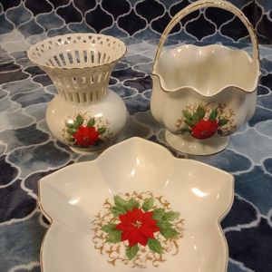 Essex Poinsettia Lace Candy Dish, Vase, & Basket 3 Piece Set